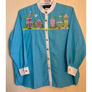 Bob Mackie Wearable Art Turquoise Beach House Embroidered Shirt Womens 1X Cotton